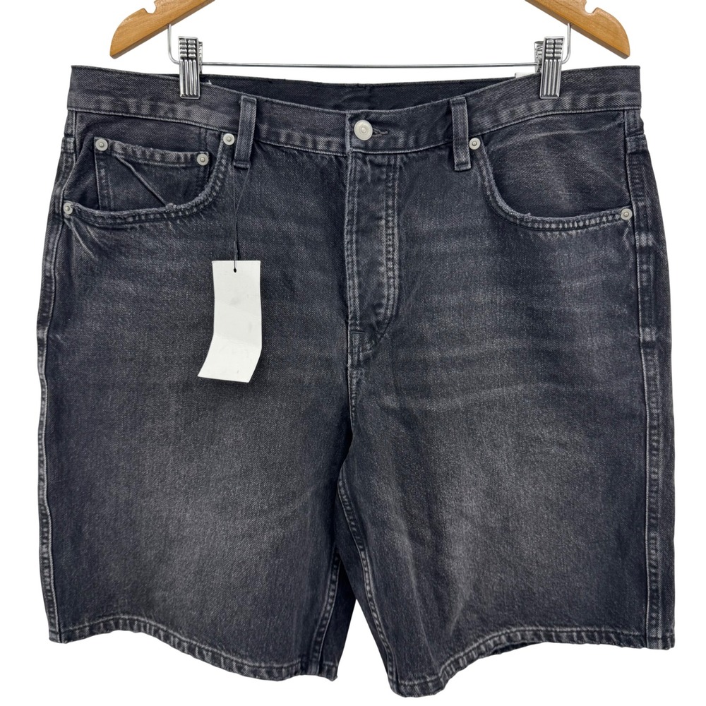 Zara Straight Short Mens 38 Black Denim Mid Waist Slim Thigh Button Fly New